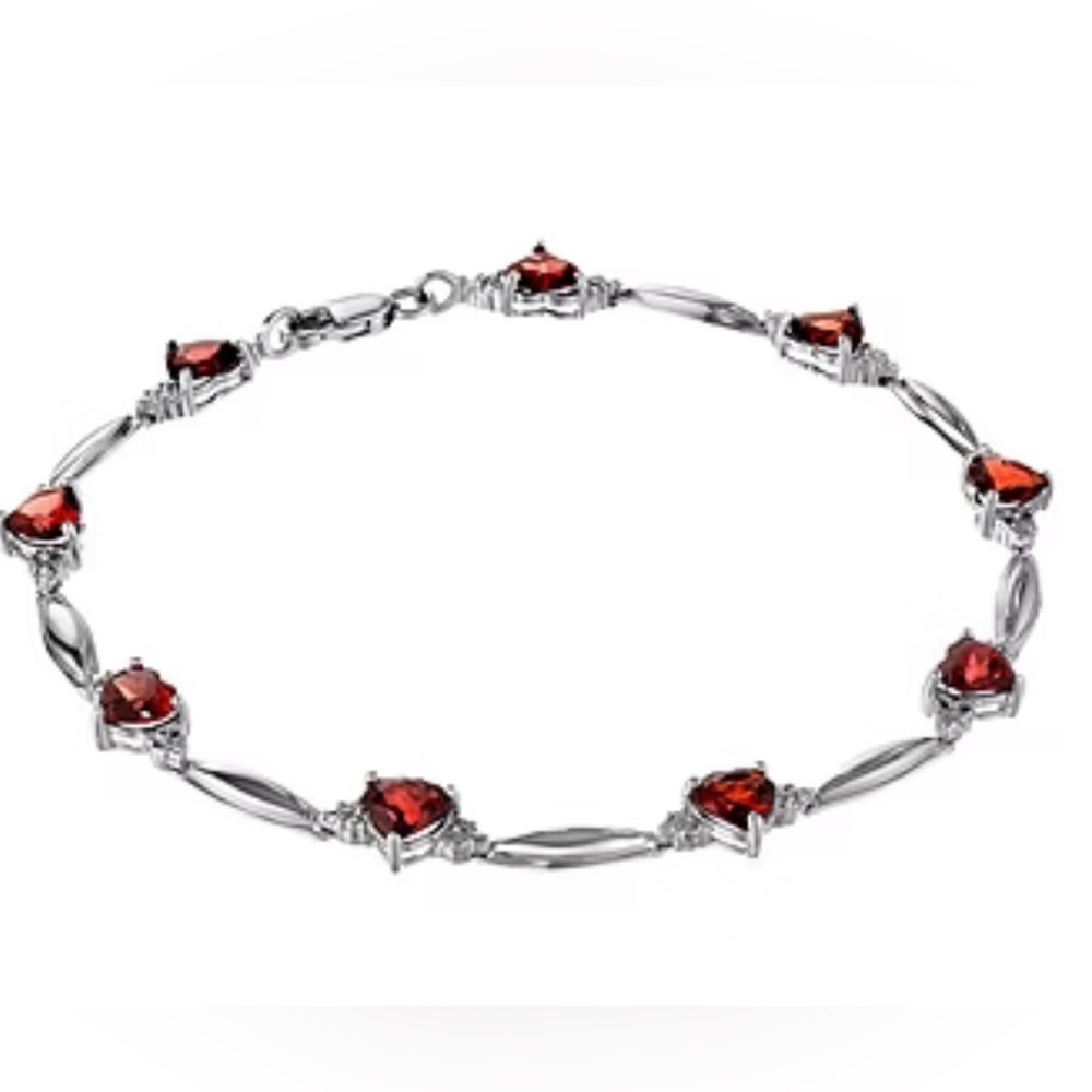 Sterling Silver 925 Tennis Bracelet Red Garnet Hearts Diamonds Zales Boxed NWOT